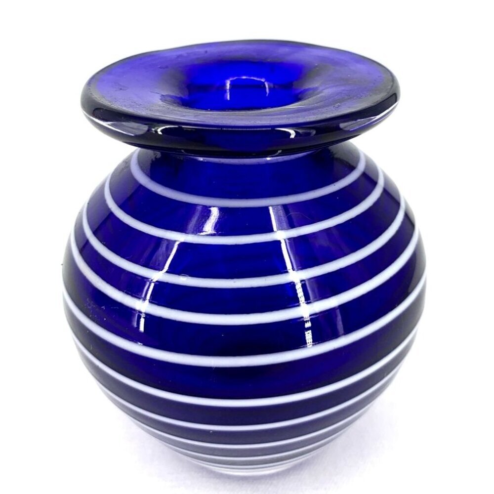 Cobalt Blue Vase Art Glass Iridescent White Swirled Small 3 1/4" - Picture 2 of 6